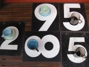 Scoreboard numbers and coffee cups