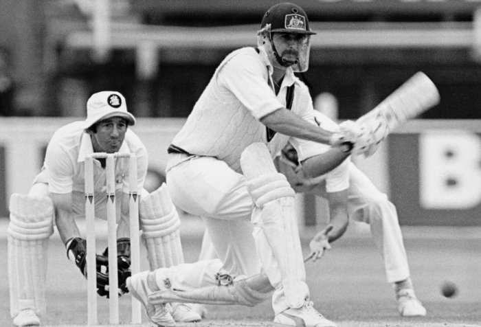 Australia batsman Graham Yallop sweeps a ball from John Emburey of England (not in picture) during his innings of 30 runs while England wicketkeeper Bob Taylor looks on (left) during the 4th Test match between England and Australia at Edgbaston, Birmingham on 2nd August 1981.  England won by 29 runs.  (Photo by Bob Thomas/Getty Images)