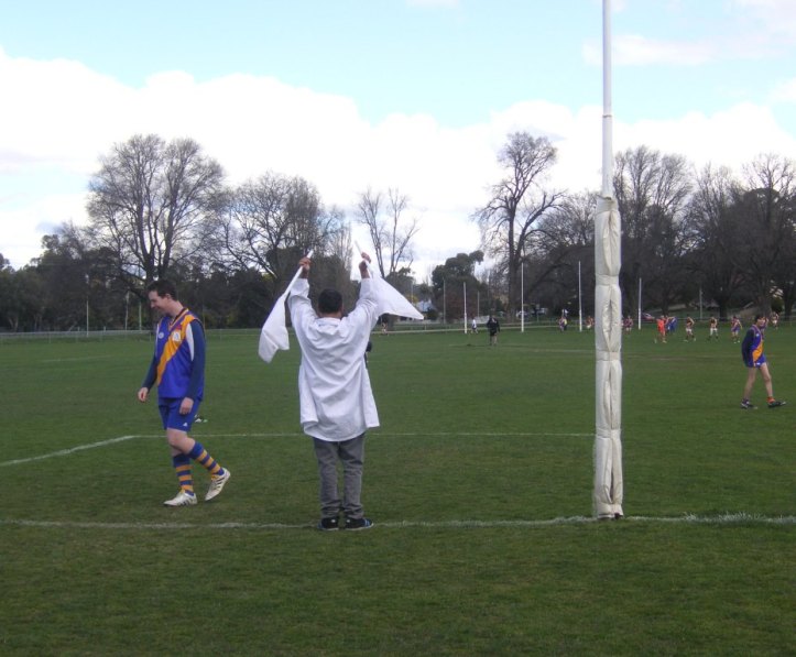 Williamstown reserves full back Laurie Pollard is a happy man after his team kicks another goal.
